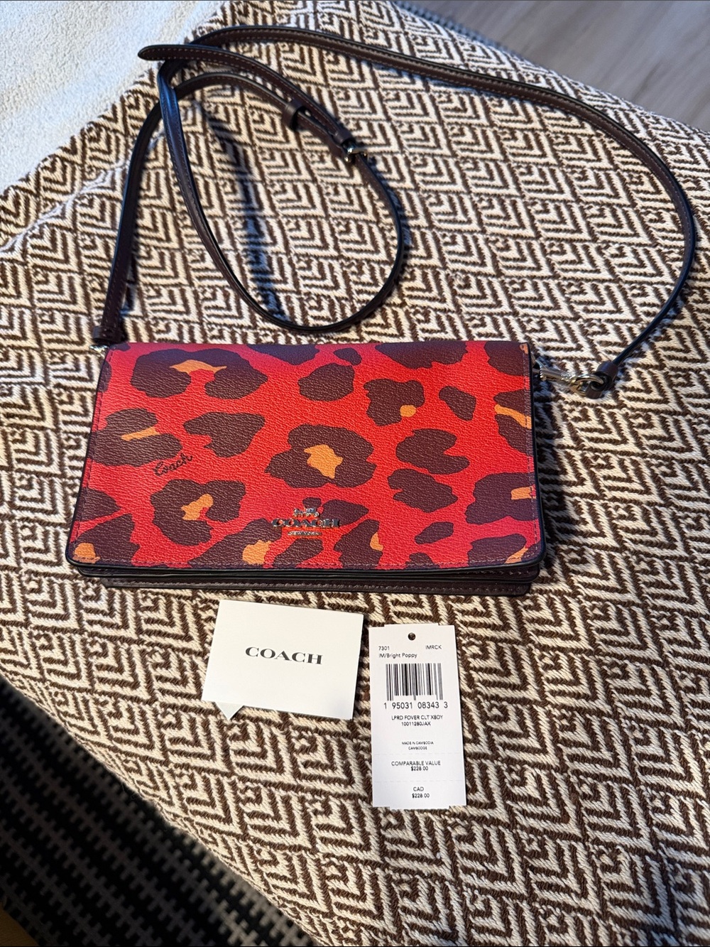 COACH Red and Brown Leopard Print Crossbody Wallet